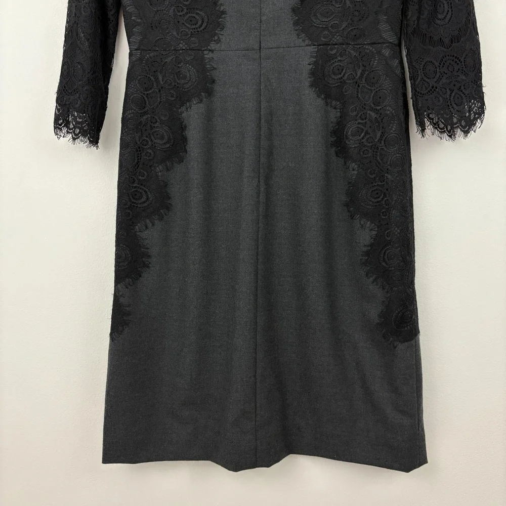NWT Tory Burch Lainey Dress Size 6 Grey Melange Black Lace 3/4 Sleeve Wool Blend
